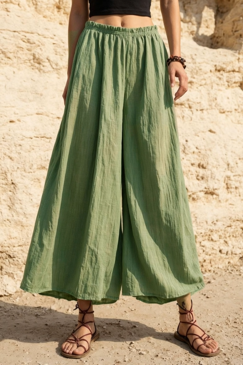 Bohemian Casual Pants Green Elastic Waist Wide-Leg Pants