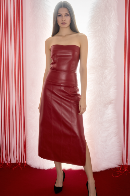 Homecoming Party Dress Burgundy Strapless Midi Leather Dress