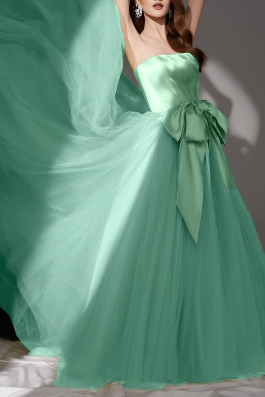 Evening ​Swing Satin Dress​​ Green Strapless Mesh Floor-Length Dress
