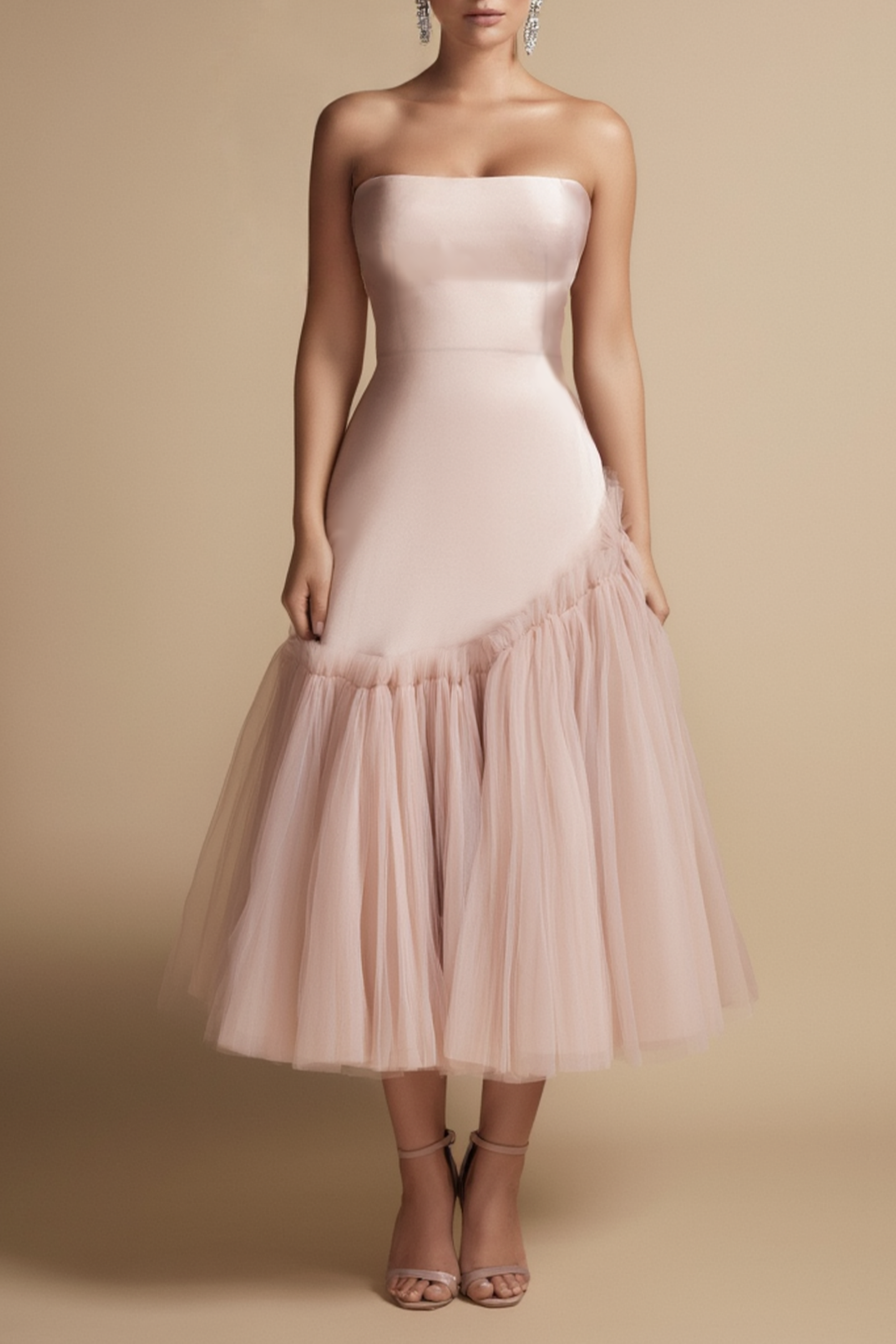 ​Cocktail Dress​ Pink Strapless Mesh Midi Dress