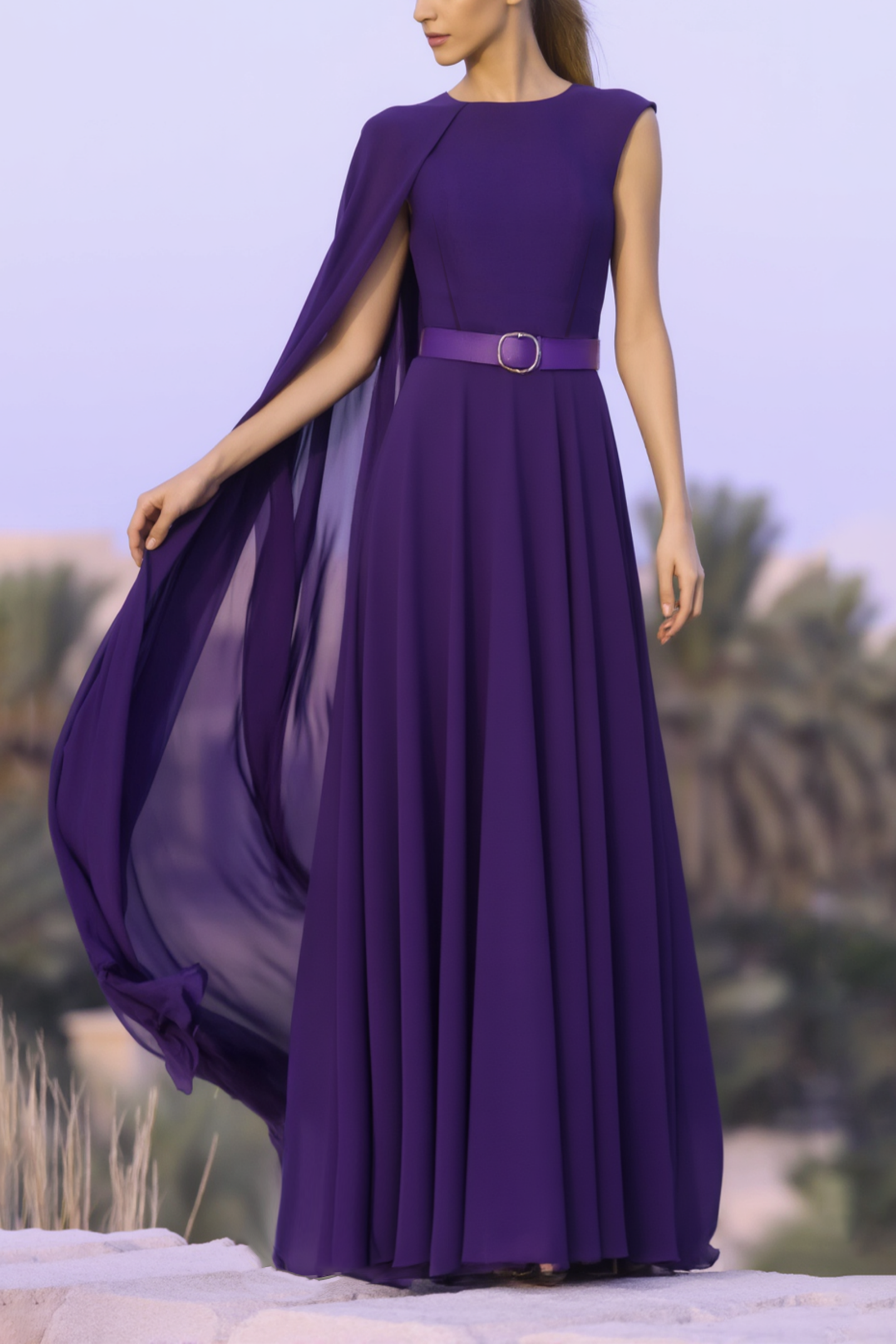 ​Evening Formal​ ​​Cape Dress Purple Crew Neck Belted Floor-Length Dre