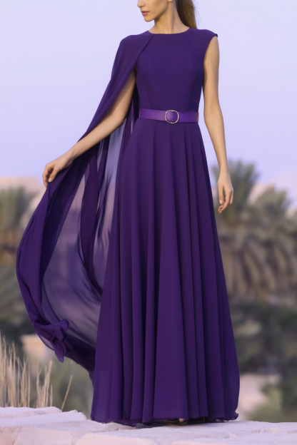 ​Evening Formal​ ​​Cape Dress Purple Crew Neck Belted Floor-Length Dress