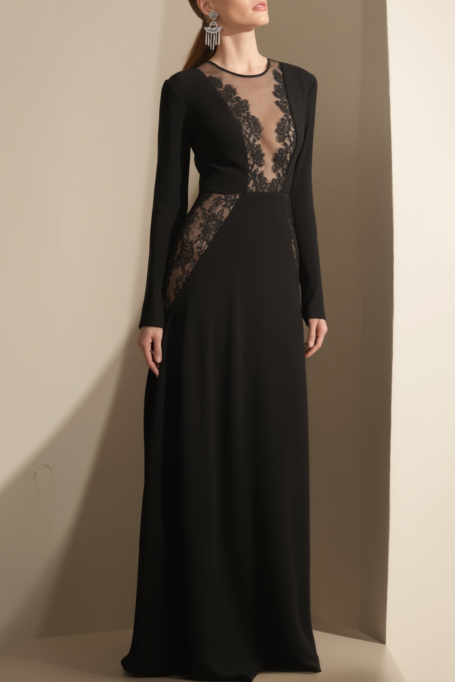 Evening Dress Black Crew Neck Lace Maxi Dress