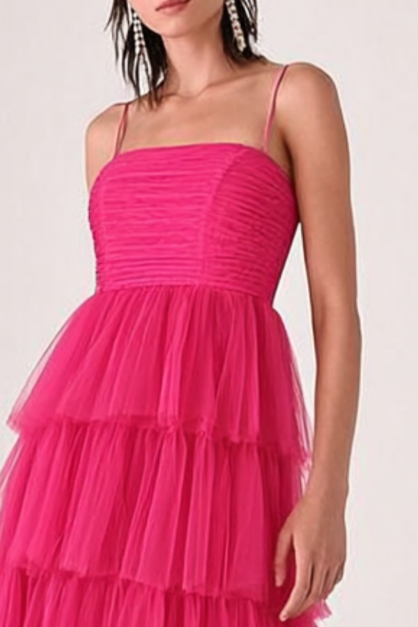 Formal Dress Rose Spaghetti Strap Tiered Maxi Dress