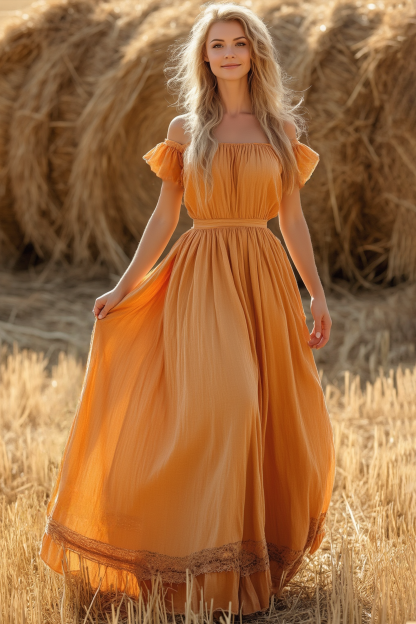 Bohemian Swing Dress Orange Off Shoulder Short Sleeve Maxi Dress