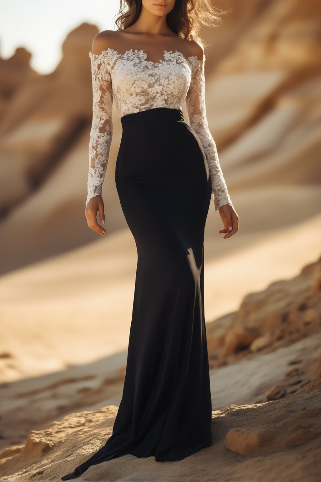 Formal Evening Dress Black White Off Shoulder Lace Maxi Dress