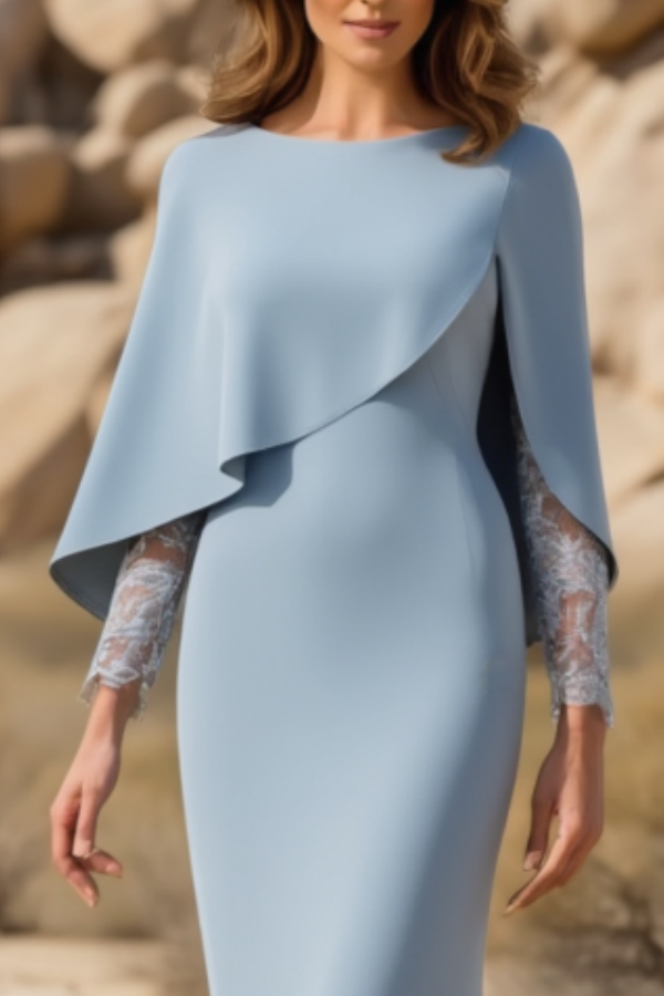 Formal Evening Dress Blue Crew Neck Lace Maxi Dress