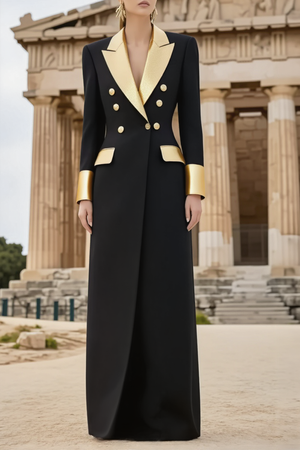 Formal ​Blazer Dress Black Lapel Long Sleeve Maxi Dress