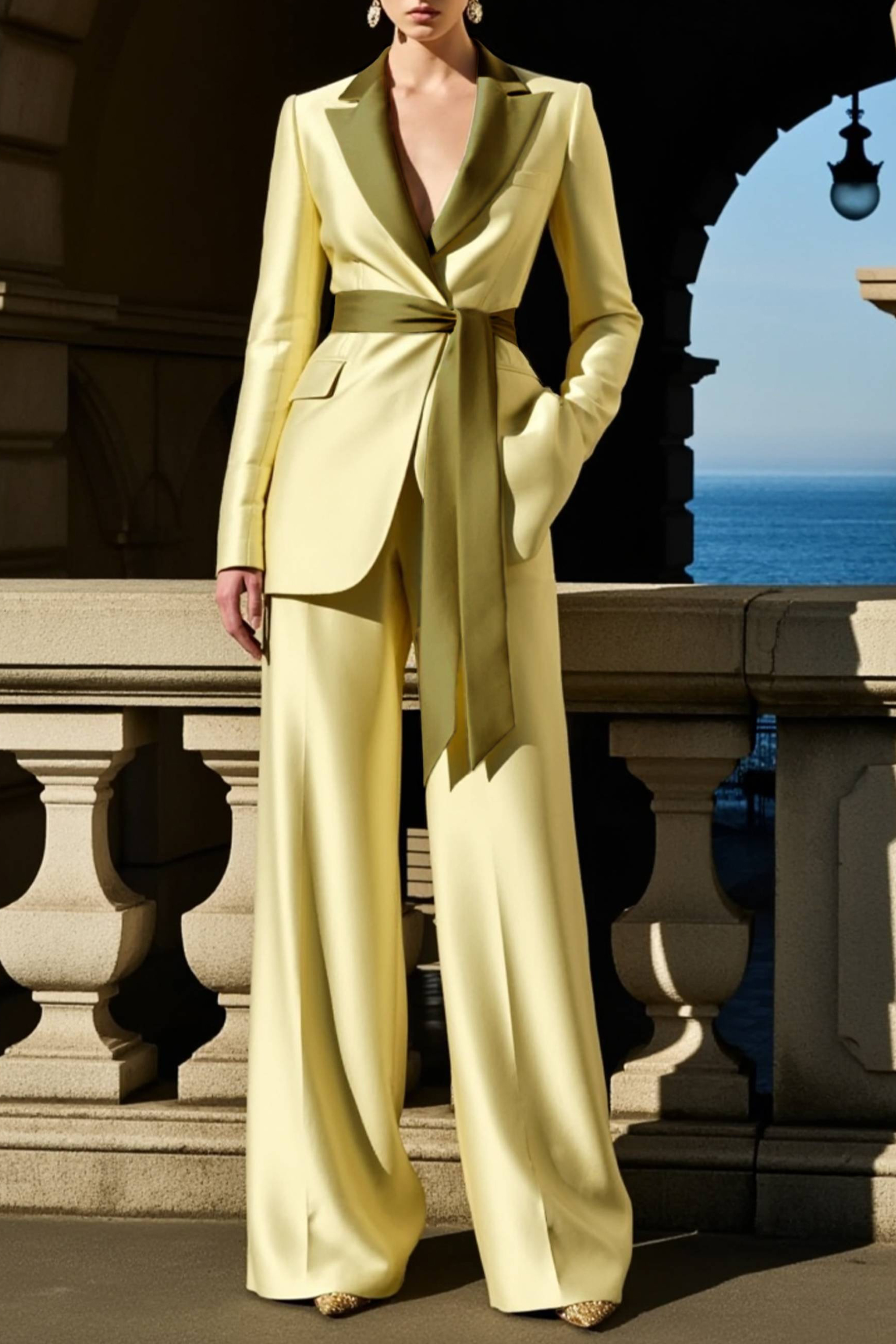 Party Satin Blazer Suit Sets Green Lapel Long Sleeve Straight Pants Set