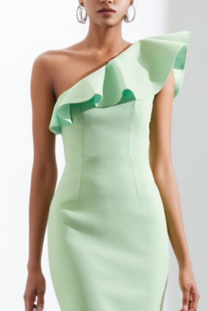 ​Cocktail Party Dress​​ Green One Shoulder Ruffle Midi Dress