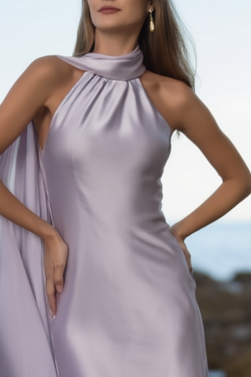 Formal Satin Dress​​ Purple Cape Halter Neck Floor-Length Dress