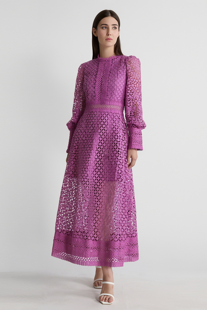​Party Lace Dress Purple Stand Collar Maxi Dress