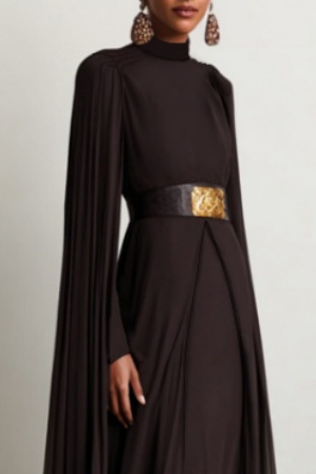 Formal Evening Dress Brown Stand Neck Cape Maxi Dress