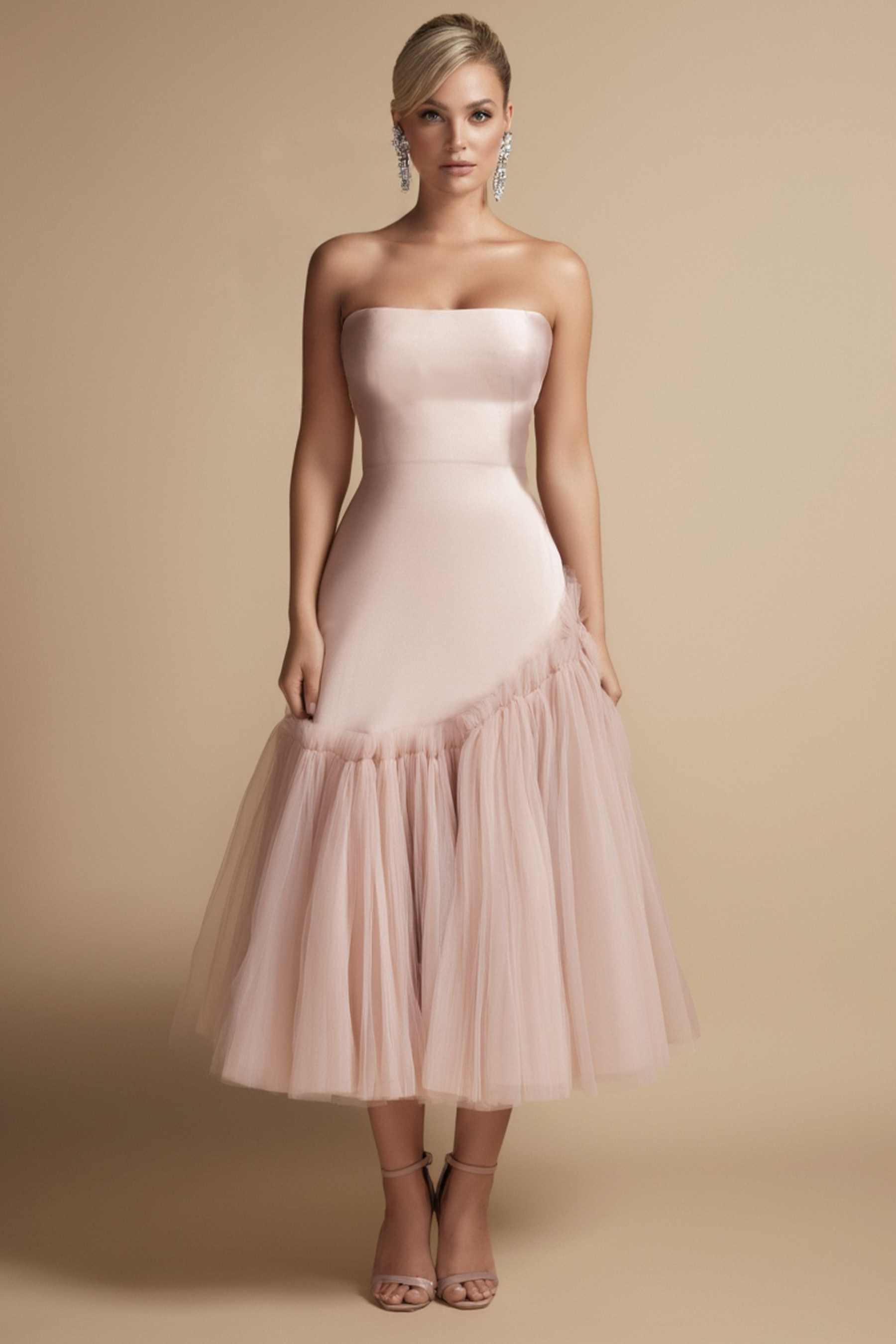 ​Cocktail Dress​ Pink Strapless Mesh Midi Dress