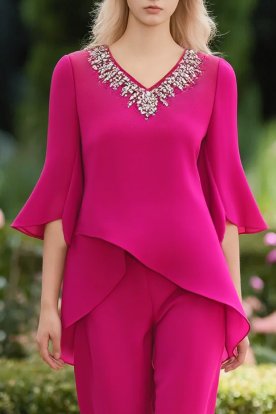 Casual Set Rose V Neck Rhinestones Chiffon Pants Set 