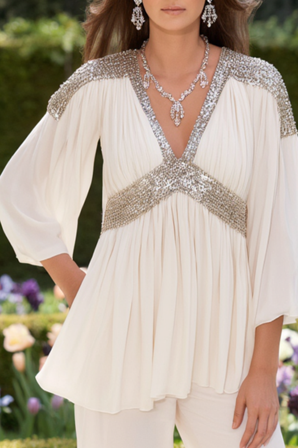 Wedding Guest Outfit Sets White V Neck Sequin Chiffon Pants Set 