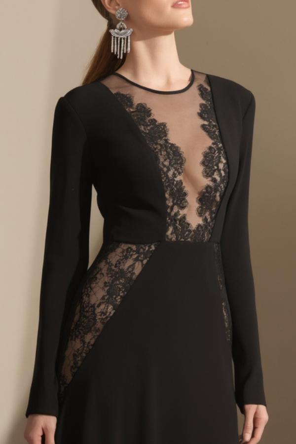 Evening Dress Black Crew Neck Lace Maxi Dress