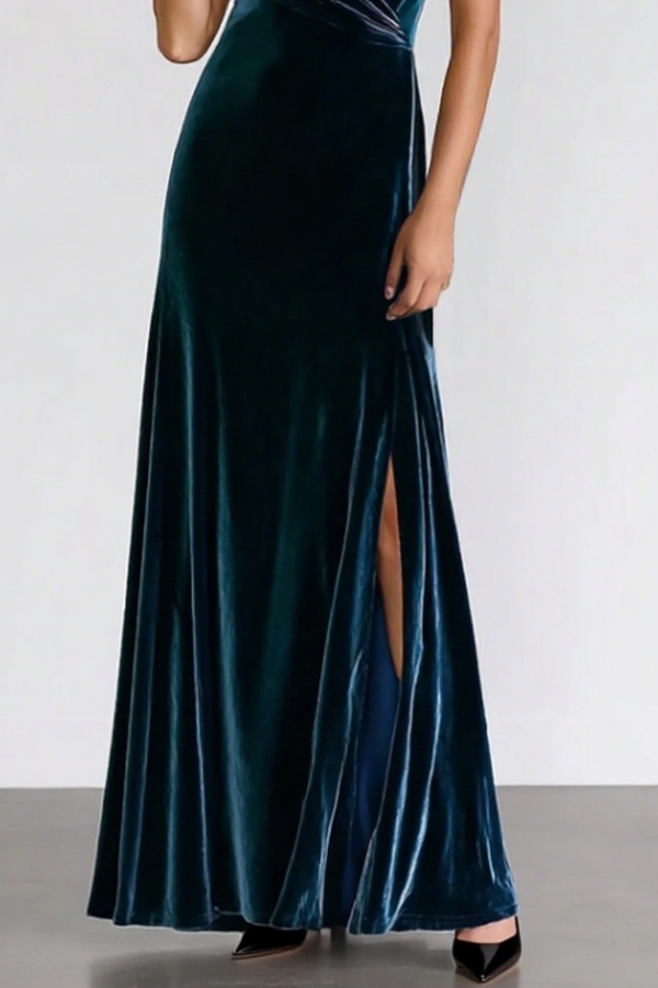 Formal Evening Dress Blue V Neck Velvet Maxi Dress