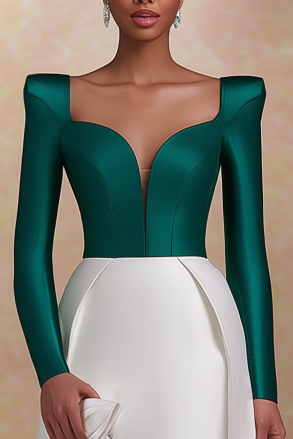 Formal ​Evening Dress Green Sweetheart Neck Midi Long Sleeve Dress