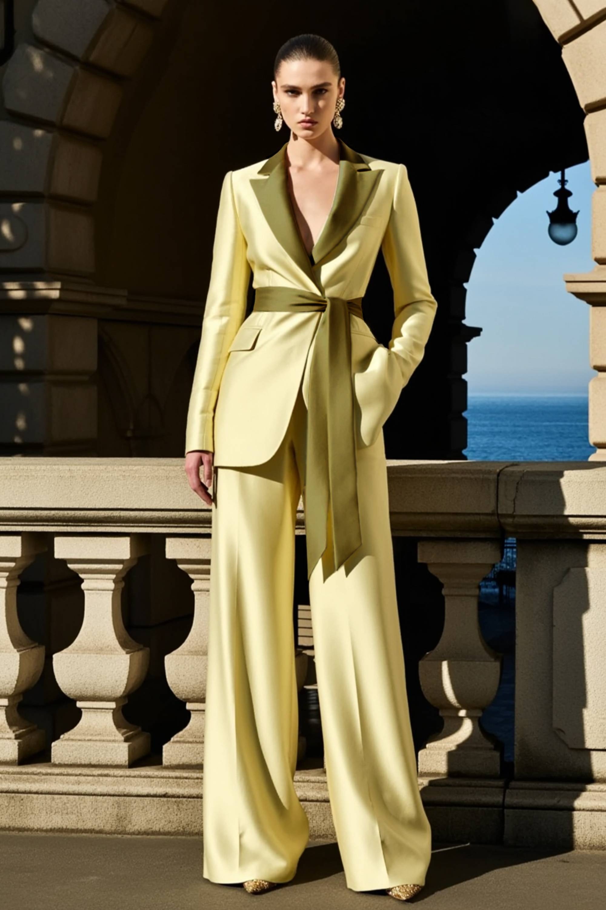 Party Satin Blazer Suit Sets Green Lapel Long Sleeve Straight Pants Set