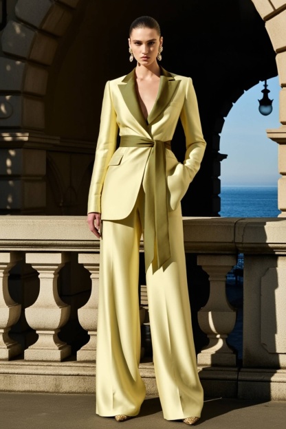 Party Satin Blazer Suit Sets Green Lapel Long Sleeve Straight Pants Set