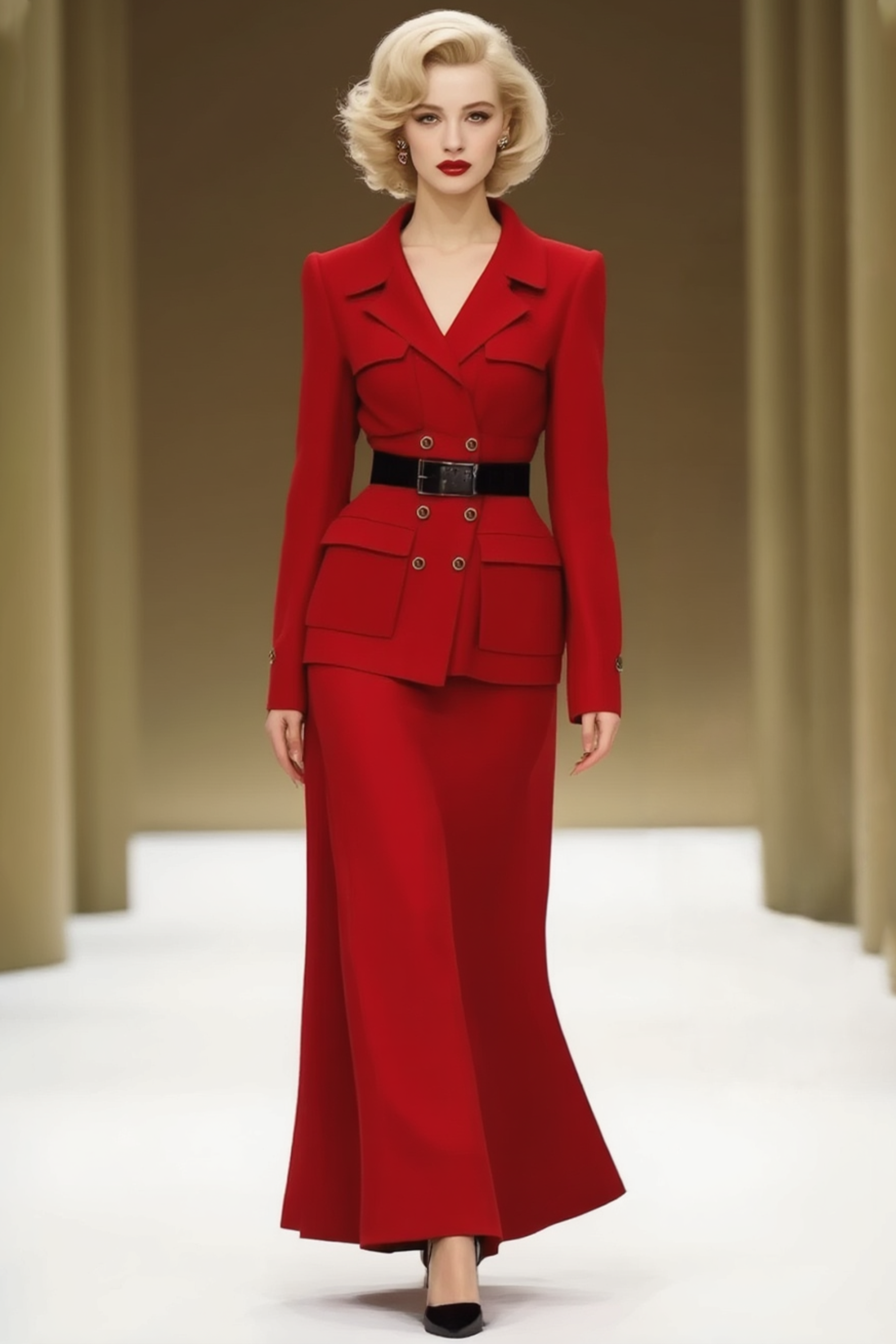 Business Blazer Suit Red Lapel Sleeveless Skirt Set