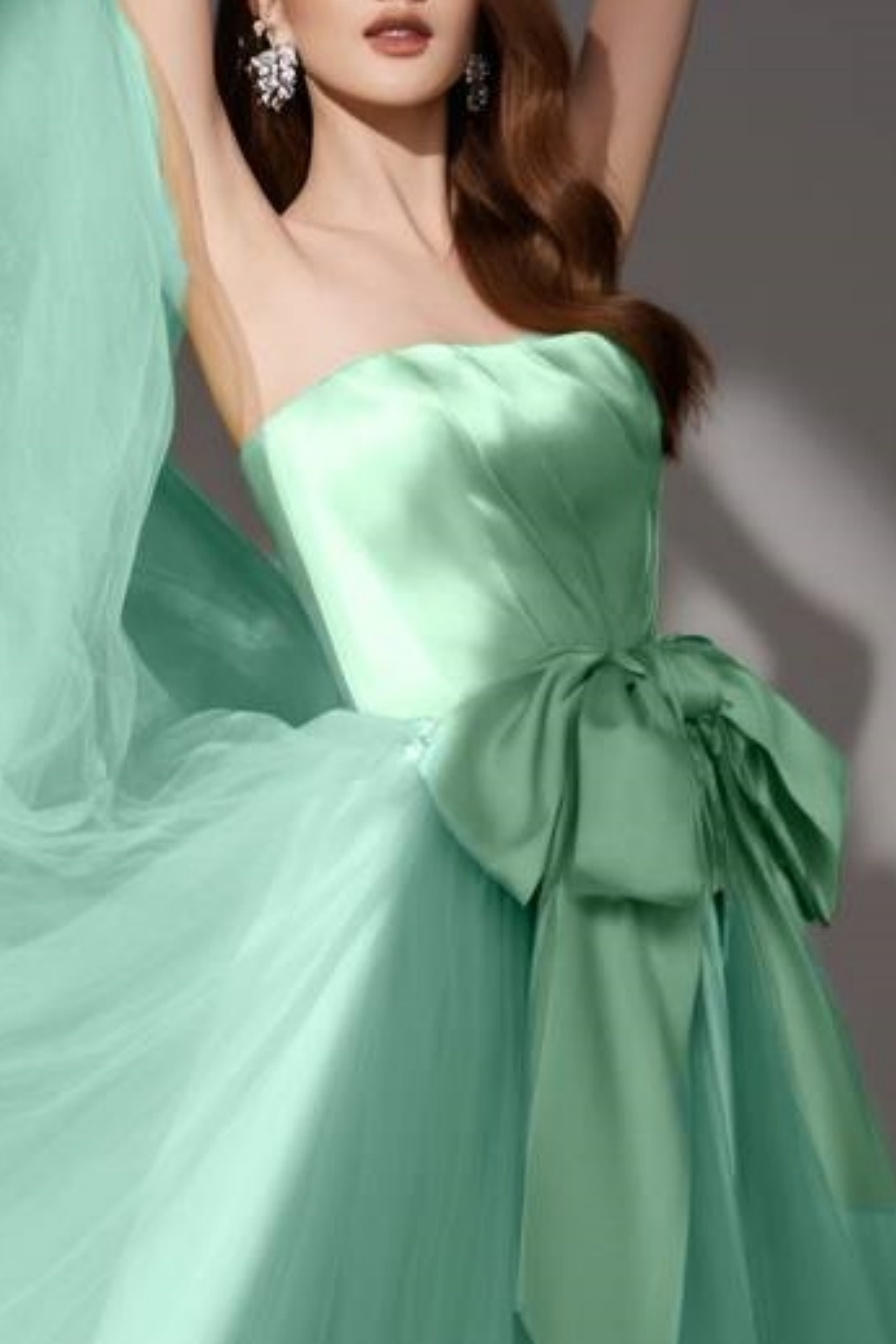 Evening ​Swing Satin Dress​​ Green Strapless Mesh Floor-Length Dress