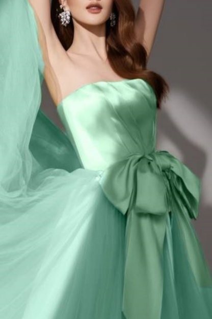 Evening ​Swing Satin Dress​​ Green Strapless Mesh Floor-Length Dress