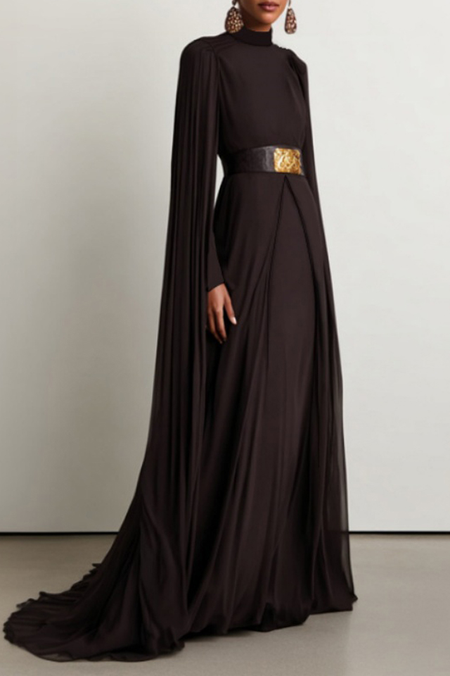 Formal Evening Dress Brown Stand Neck Cape Maxi Dress