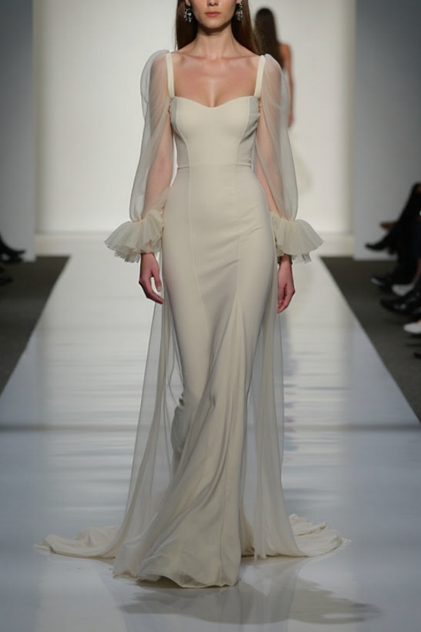 Evening Formal Dress Gray Sweetheart Neck Mesh Floor-Length Dress