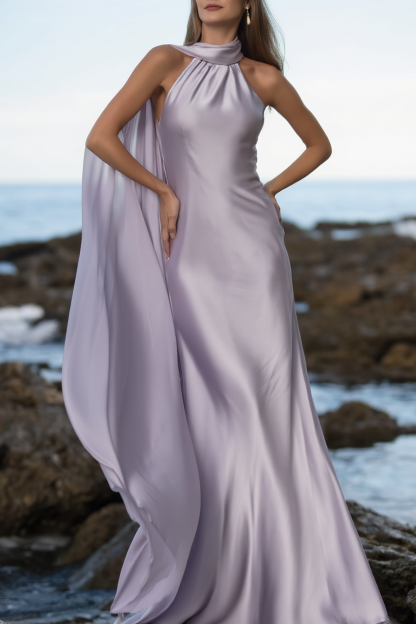 Formal Satin Dress​​ Purple Cape Halter Neck Floor-Length Dress