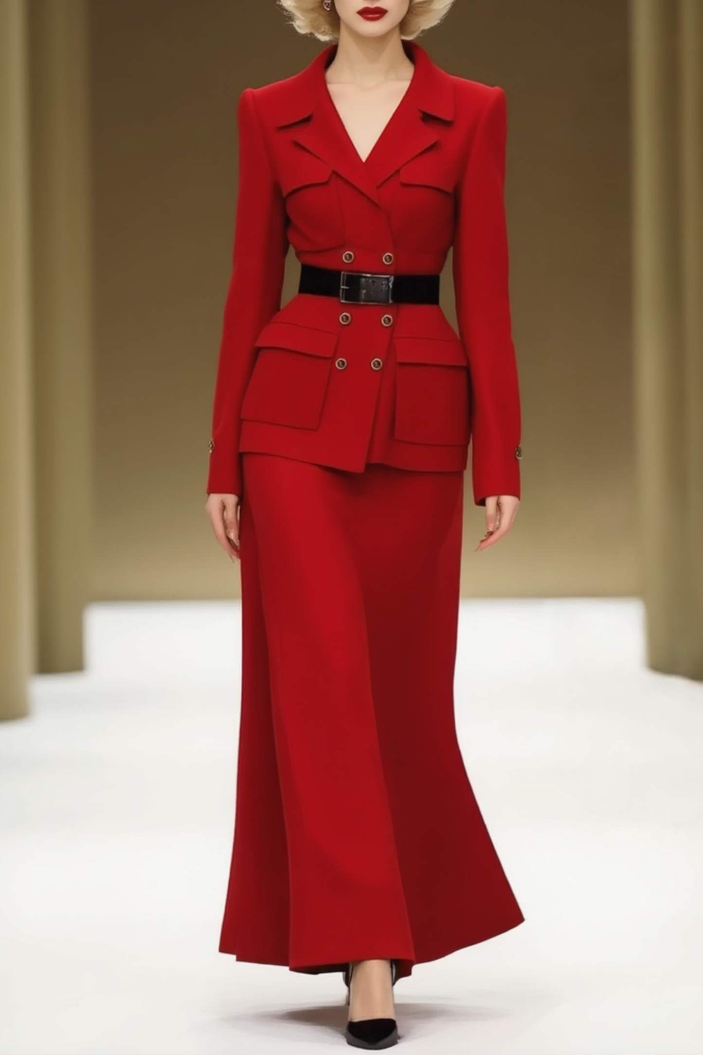 Business Blazer Suit Red Lapel Sleeveless Skirt Set