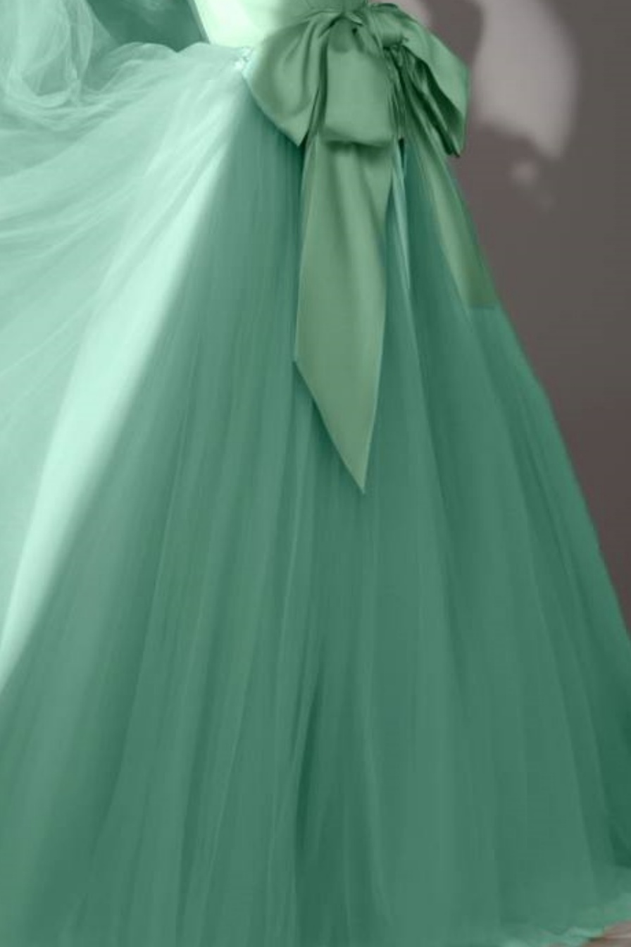 Evening ​Swing Satin Dress​​ Green Strapless Mesh Floor-Length Dress