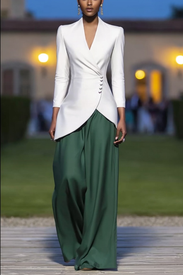 Casual Outfit Sets White V Neck Wide-Leg Pant