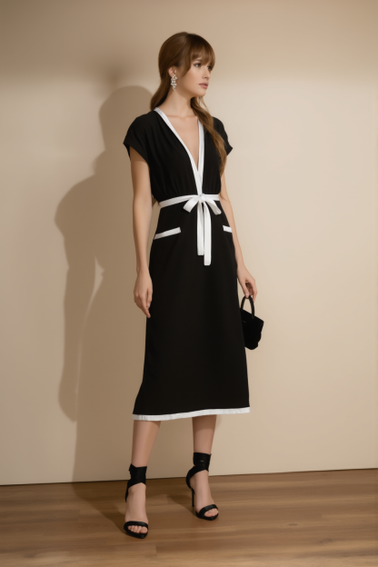Work Dress Black White V Neck Waist Tie Midi Dress