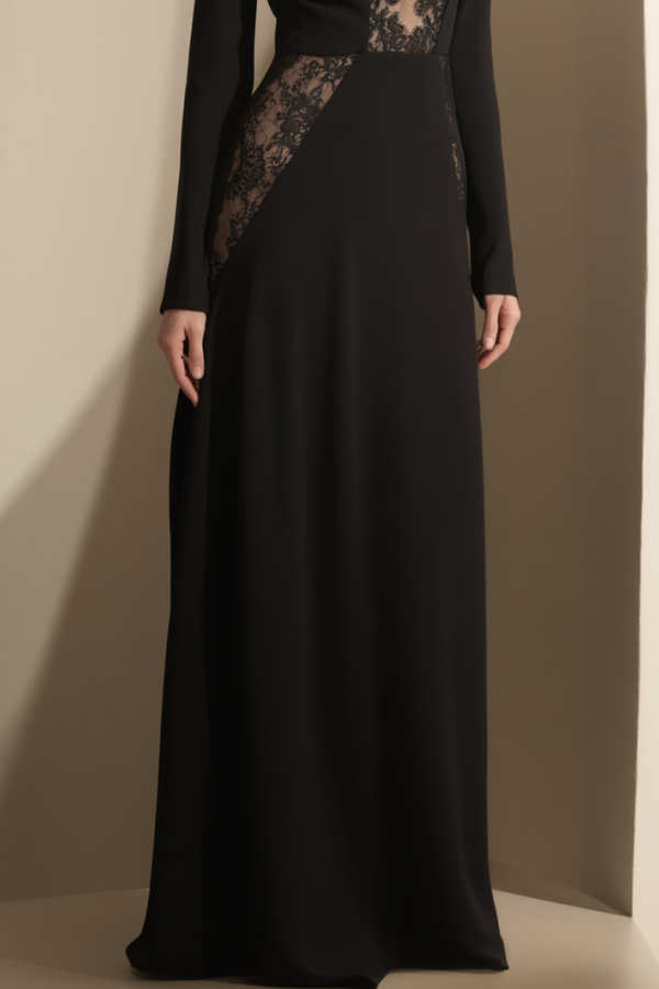 Evening Dress Black Crew Neck Lace Maxi Dress