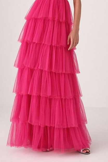 Formal Dress Rose Spaghetti Strap Tiered Maxi Dress
