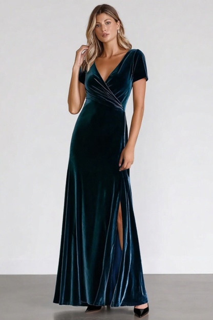 Formal Evening Dress Blue V Neck Velvet Maxi Dress
