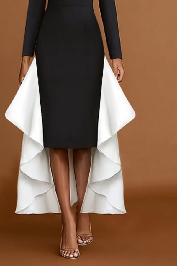 Formal Evening Dress Black White Stand Collar Ruffle Maxi Dress