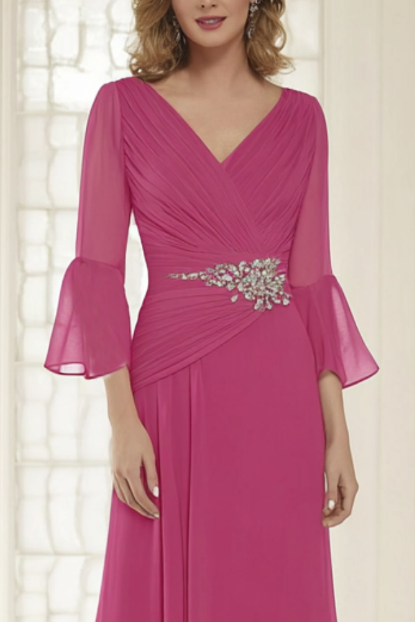 Evening Dress Rose V Neck 3/4 Length Sleeve Maxi Dress