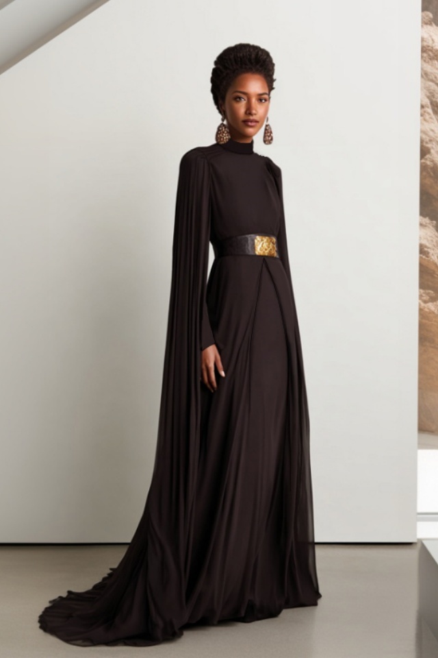 Formal Evening Dress Brown Stand Neck Cape Maxi Dress