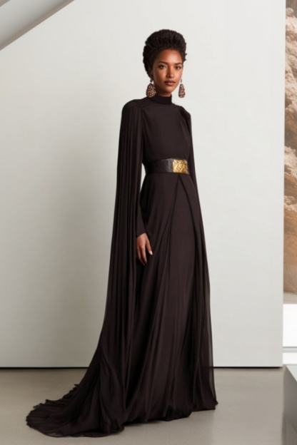 Formal Evening Dress Brown Stand Neck Cape Maxi Dress