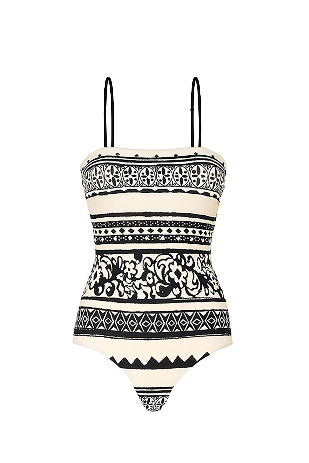 Ethnic Style Black White One-Piece Swimsuit Long Sleeve Cover-Up