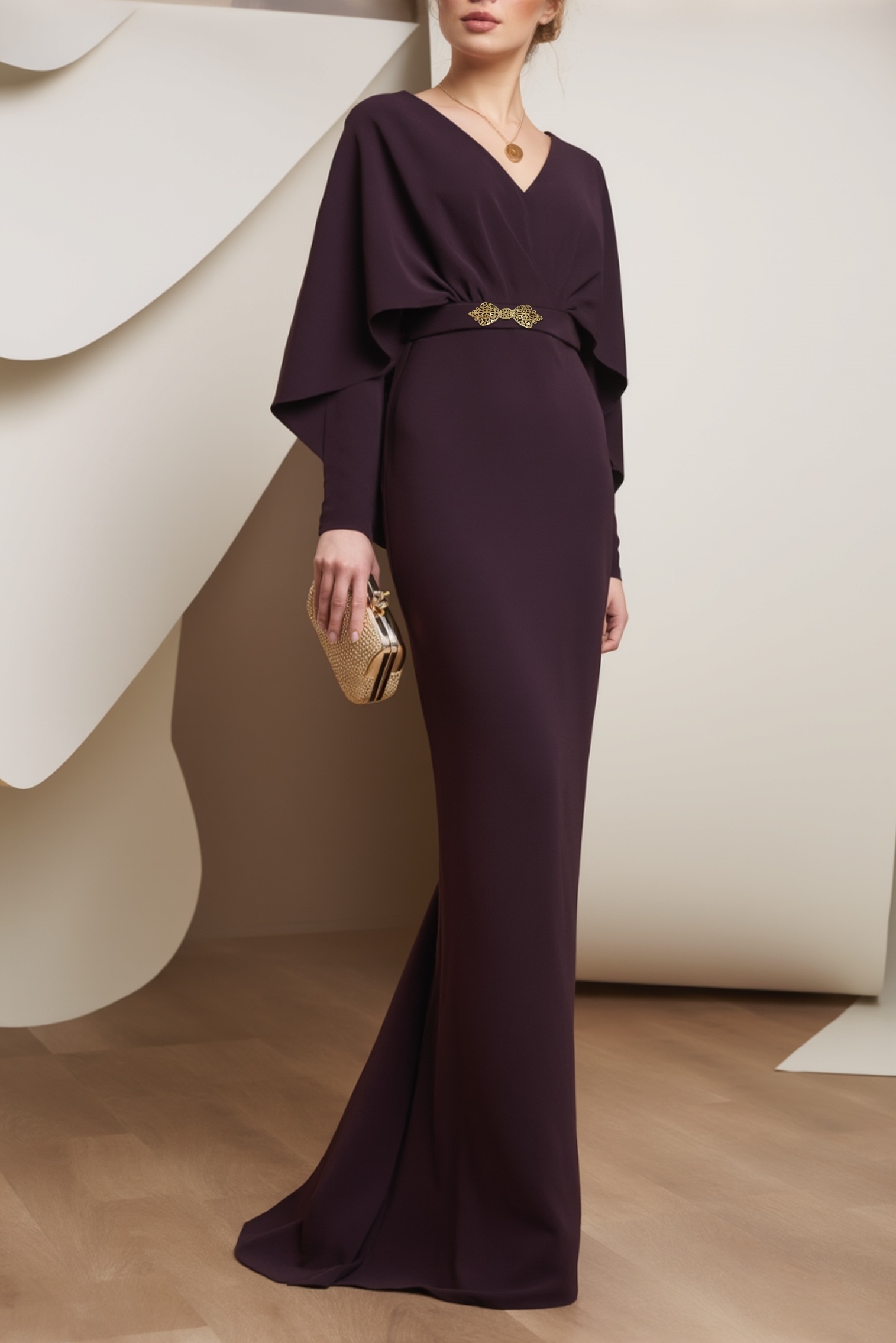 Formal Evening Dress Purple V Neck Belted Maxi Dress