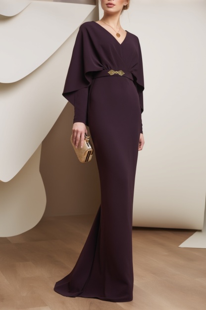 Formal Evening Dress Purple V Neck Belted Maxi Dress