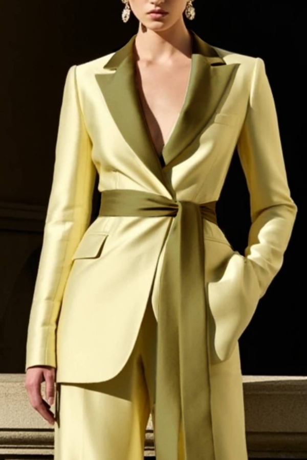 Party Satin Blazer Suit Sets Green Lapel Long Sleeve Straight Pants Set
