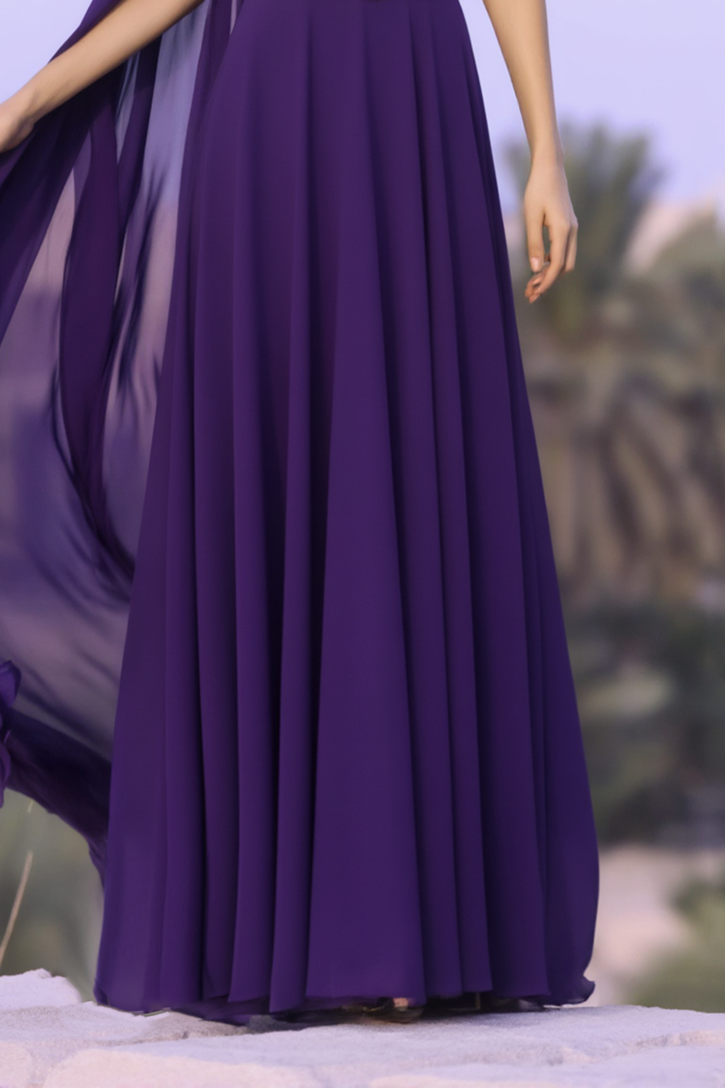 ​Evening Formal​ ​​Cape Dress Purple Crew Neck Belted Floor-Length Dress