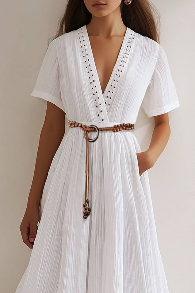 Bohemian Casual Dress White V-neck Belt with Pockets Maxi Dress