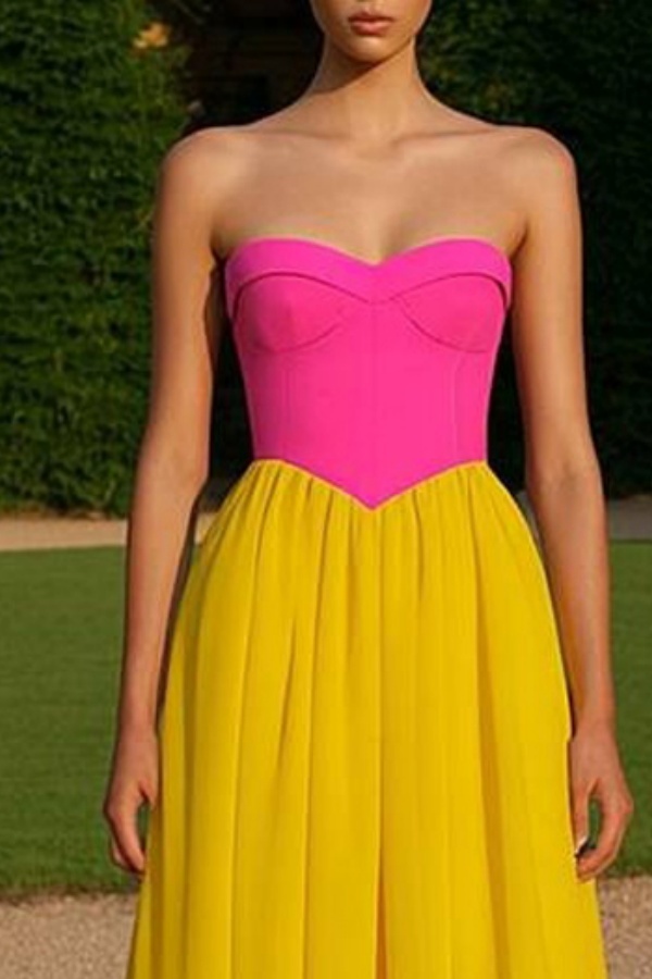 Formal ​Evening Dress Neon Pink Strapless Colorblock Maxi Dress