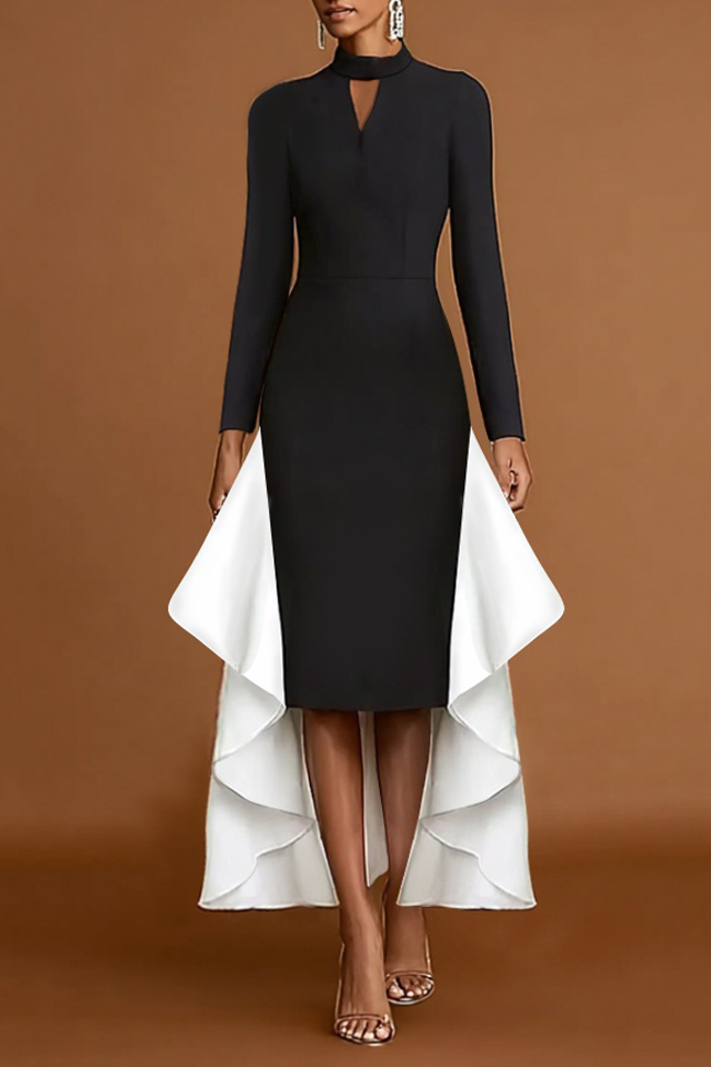 Formal Evening Dress Black White Stand Collar Ruffle Maxi Dress